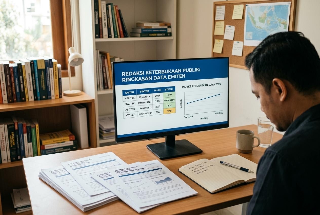 Meja kerja redaksi dengan dokumen laporan keuangan emiten dan grafik indeks di layar