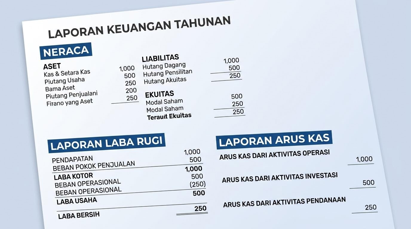 halaman laporan keuangan dengan neraca, laba rugi, dan arus kas yang disorot