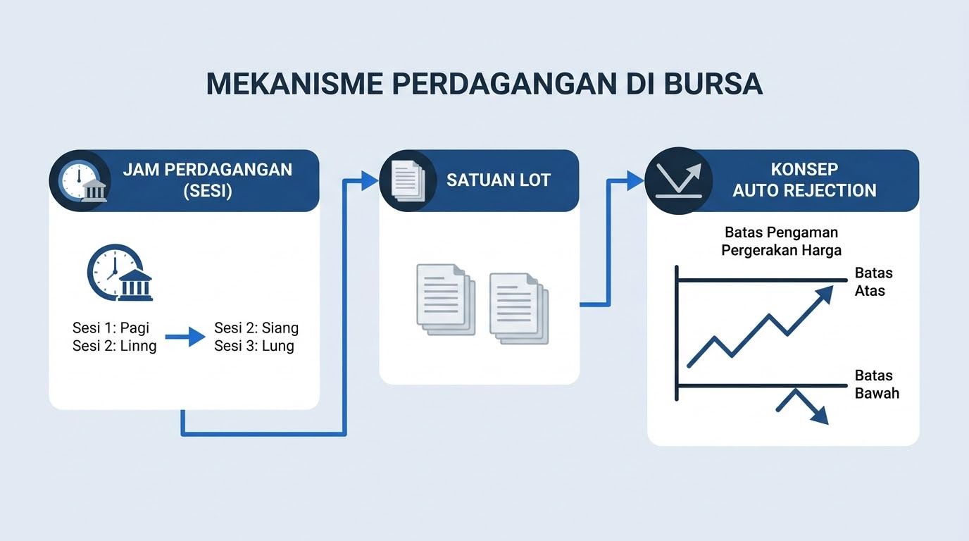 diagram alur mekanisme perdagangan di bursa dengan jam perdagangan dan satuan lot