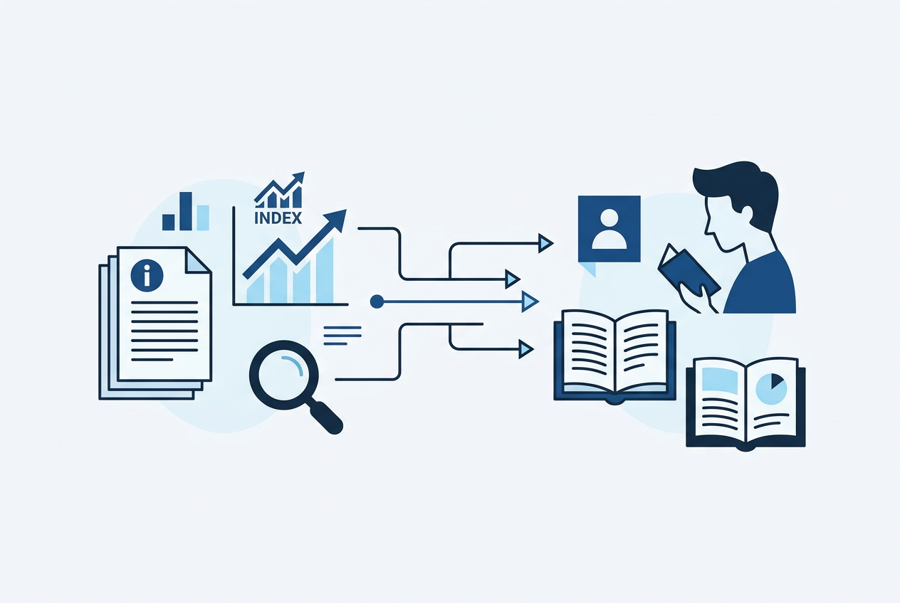 Ilustrasi datar tentang membaca data emiten, indeks, dan dokumen keterbukaan informasi