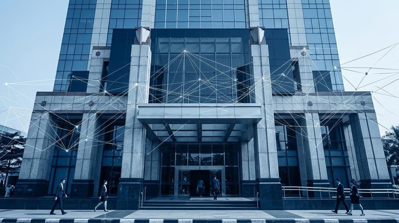 Gedung bursa dan jaringan data yang menggambarkan peran Bursa Efek Indonesia