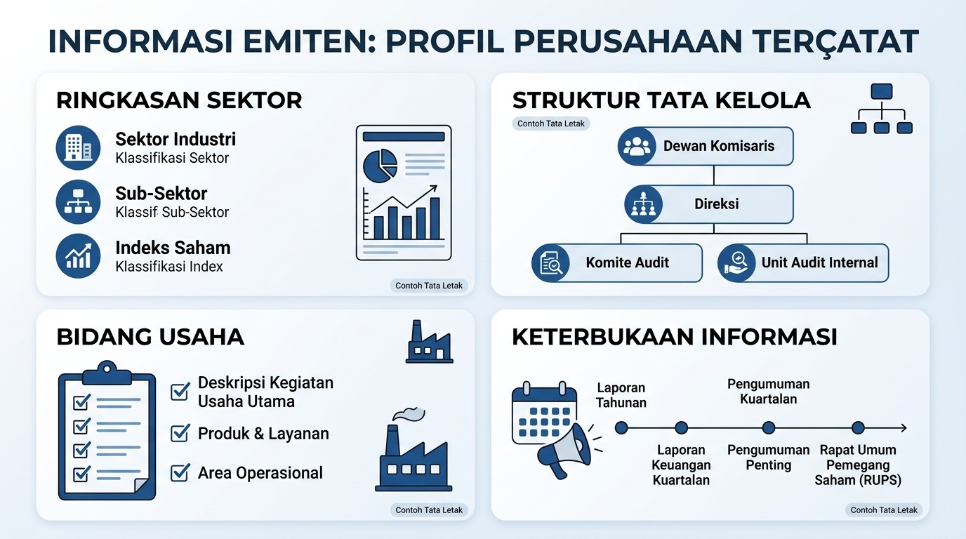 tata letak profil perusahaan tercatat dengan ringkasan sektor dan keterbukaan informasi